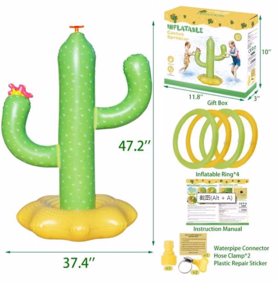 Juego de lanzamiento de anillo de cactus inflable, juego de piscina, juguetes, rociador de agua para patio trasero para niños